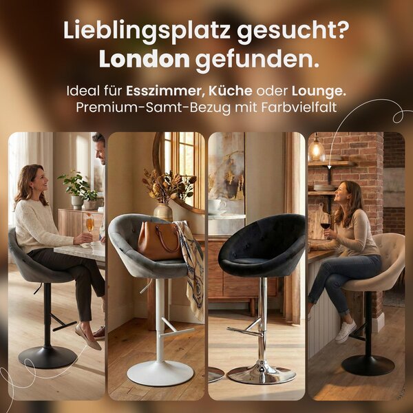 Barová židle London samet - černý rám - šedá