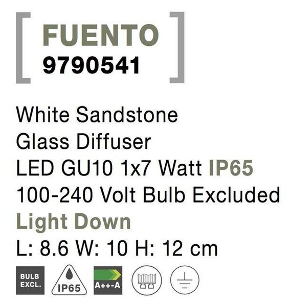 NV 9790541 Venkovní nástěnné svítidlo FUENTO bílý pískovec skleněný difuzor GU10 1x7W IP65 100-240V bez žárovky světlo dolů - NOVA LUCE