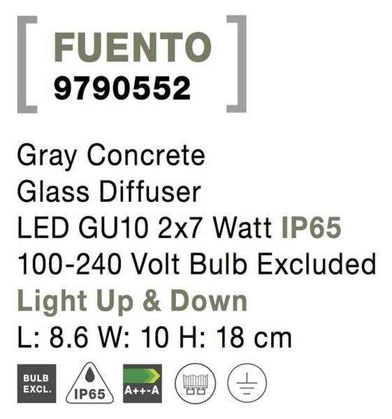 NV 9790552 Venkovní nástěnné svítidlo FUENTO šedý beton skleněný difuzor GU10 2x7W IP65 100-240V bez žárovky světlo nahoru a dolů - NOVA LUCE