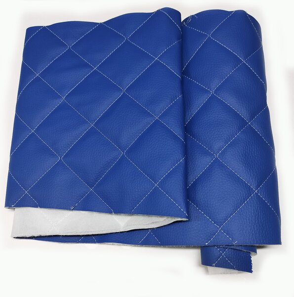 Ekokůže prošívaná 5×5 cm, modrá, bílé nitě, metráž, šíře 145 cm