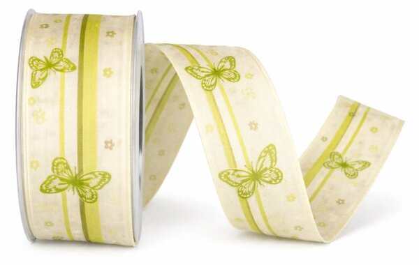 Bavlněná stuha BUTTERFLY GARDEN zelená 40mm x 20m – motýli, přírodní elegance