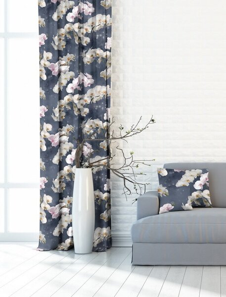 Velurová potahová látka s potiskem, Orchideje Bílé na Šedém