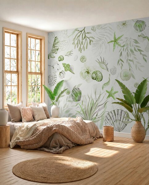 Fototapety Akvarel mořský vzor, boho styl, mušle, korály, bavlna, zelené barvy, Fototapety moře, w00851v2 : uwalls.cz