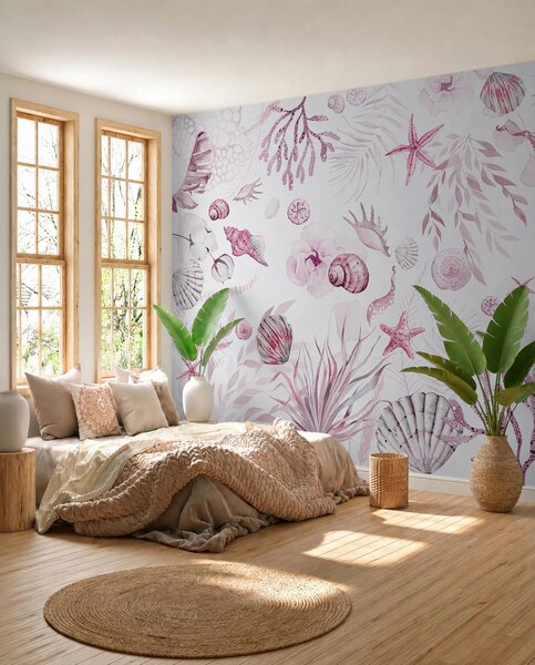 Fototapety Akvarel mořský vzor, boho styl, mušle, korály, bavlna, růžové barvy, Fototapety květiny, w00851v3 : uwalls.cz