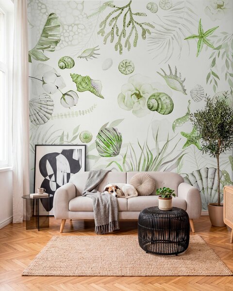 Fototapety Akvarel mořský vzor, boho styl, mušle, korály, bavlna, zelené barvy, Fototapety moře, w00851v2 : uwalls.cz