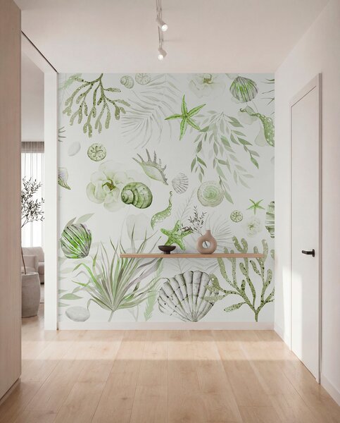Fototapety Akvarel mořský vzor, boho styl, mušle, korály, bavlna, zelené barvy, Fototapety moře, w00851v2 : uwalls.cz