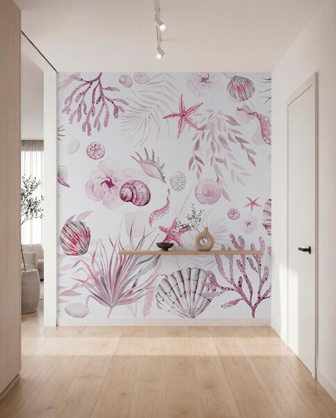 Fototapety Akvarel mořský vzor, boho styl, mušle, korály, bavlna, růžové barvy, Fototapety květiny, w00851v3 : uwalls.cz
