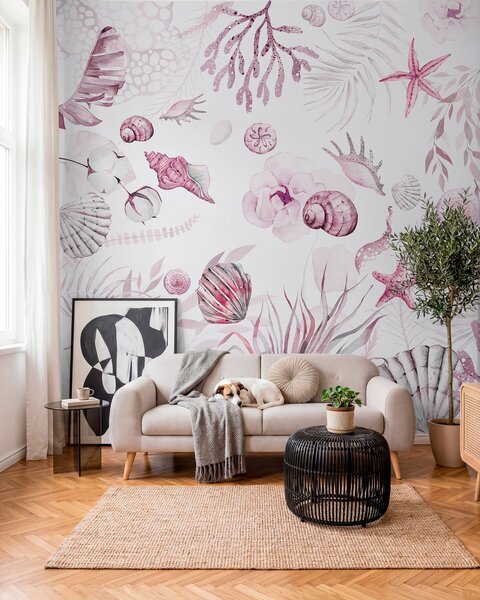 Fototapety Akvarel mořský vzor, boho styl, mušle, korály, bavlna, růžové barvy, Fototapety květiny, w00851v3 : uwalls.cz
