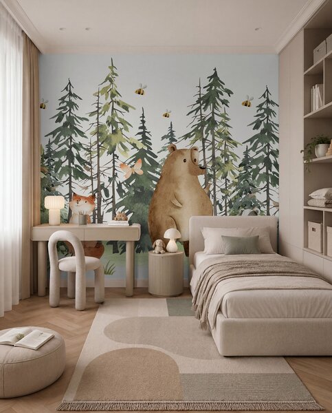 Fototapety Lesní scéna se zvířaty a různými borovicemi v pozadí, Fototapety dětské, Fototapety dětské les, w00905 : uwalls.cz