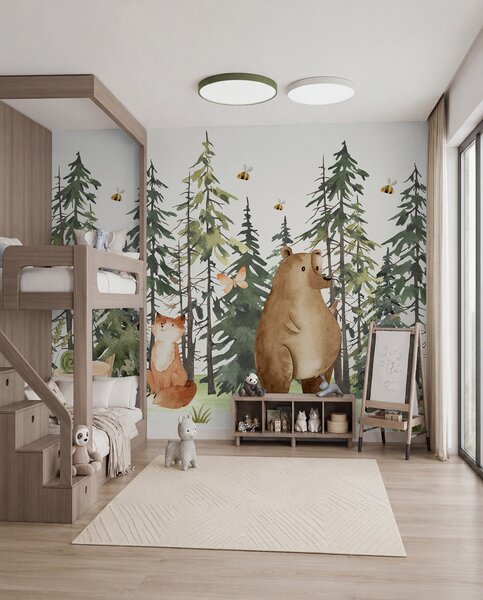 Fototapety Lesní scéna se zvířaty a různými borovicemi v pozadí, Fototapety dětské, Fototapety dětské les, w00905 : uwalls.cz