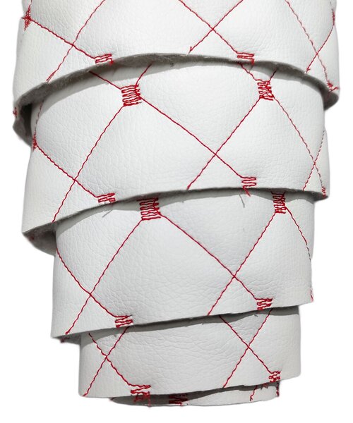 Ekokůže MIX 3x3 cm barva bílá prošívaná červenými nitěmi, metráž, 145 cm