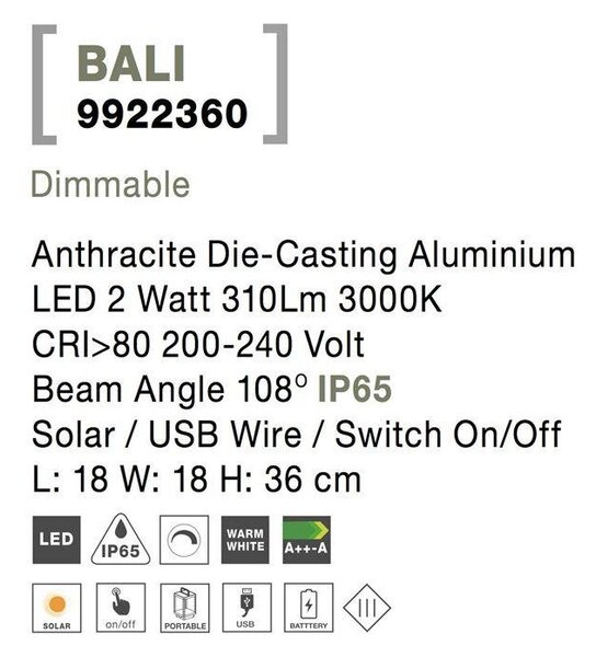 NV 9922360 Venkovní stojací lampa BALI antracitový hliník LED 2W 3000K 5V DC 108st. IP65 solární / USB kabel / vypínač na těle / stmívatelné - NOVA LUCE
