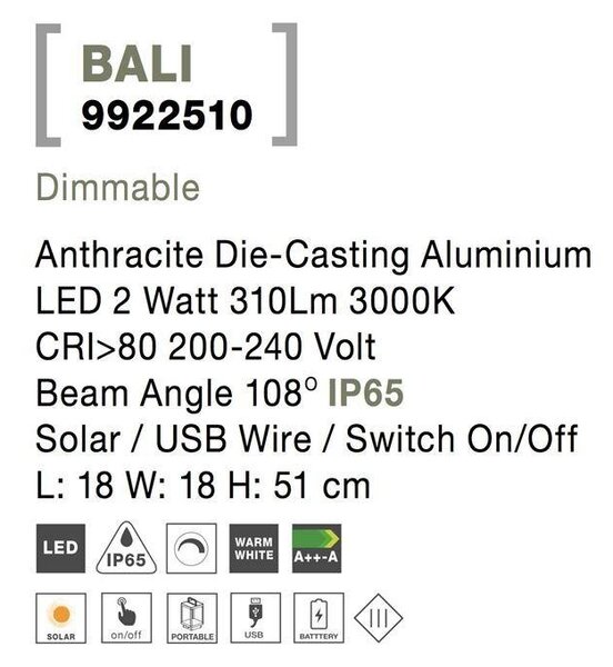 NV 9922510 Venkovní stojací lampa BALI antracitový hliník LED 2W 3000K 5V DC 108st. IP65 solární / USB kabel / vypínač na těle / stmívatelné - NOVA LUCE