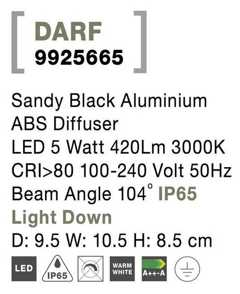 NV 9925665 Venkovní nástěnné svítidlo DARF černý hliník ABS difuzor LED 5W 3000K 100-240V 104st. IP65 světlo dolů - NOVA LUCE