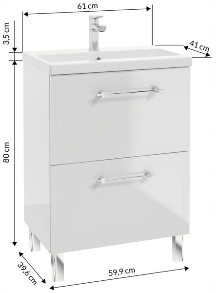Koupelnová skříňka s umyvadlem a 2 zásuvkami 60x80 cm, stojící, bílý lesk