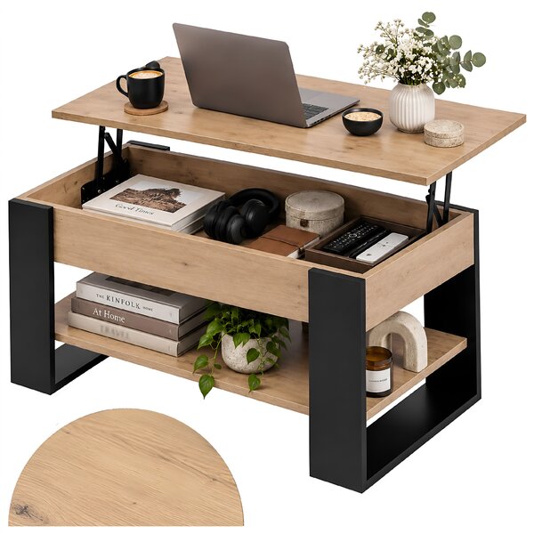 BPS-koupelny Konferenční stolek se zvedací deskou TIG 14 WD2 BL 92, světlý dub/černá