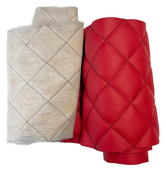 Ekokůže prošívaná 5×5 cm, červená, černé nitě, metráž, šíře 145 cm