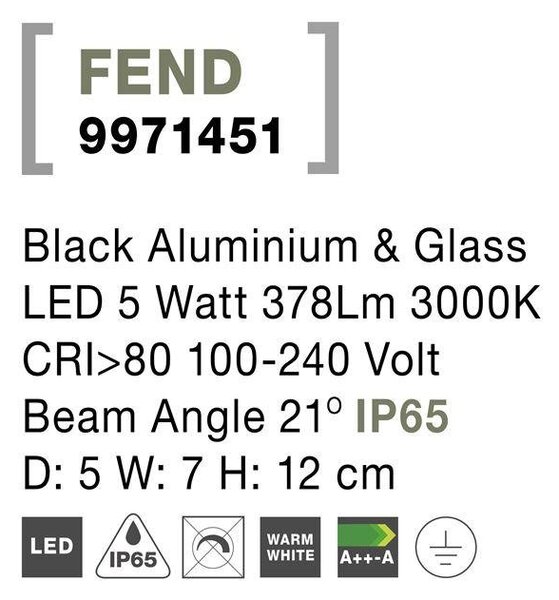 NV 9971451 Venkovní nástěnné svítidlo FEND černý hliník a sklo LED 5W 3000K 100-240V 21st. IP65 - NOVA LUCE