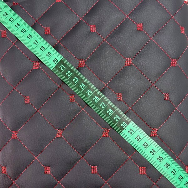 Ekokůže MIX 3x3 cm barva grafitová prošívaná červenými nitěmi, metráž, 145 cm