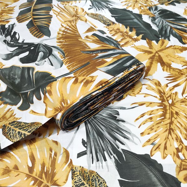 Bavlněná látka 100% bavlny, 125 g/m², šíře 160 cm, monstera žluto-grafitová
