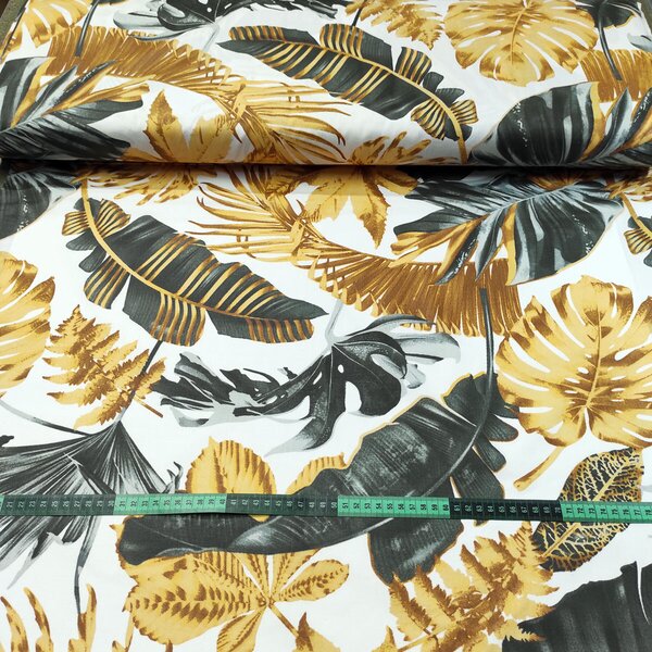 Bavlněná látka 100% bavlny, 125 g/m², šíře 160 cm, monstera žluto-grafitová