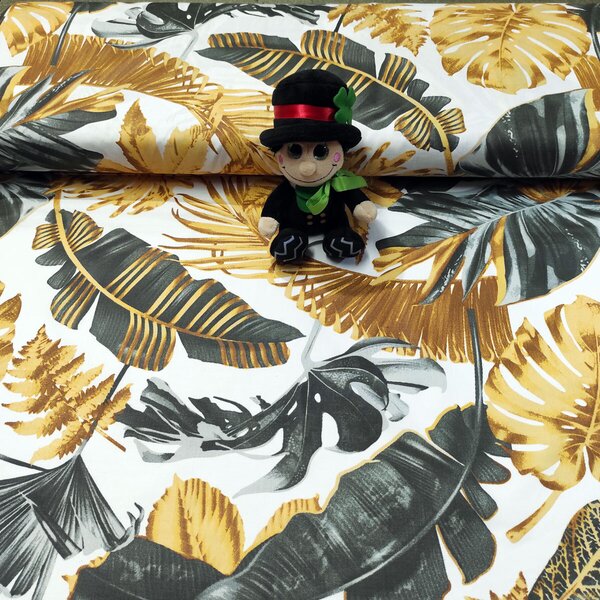 Bavlněná látka 100% bavlny, 125 g/m², šíře 160 cm, monstera žluto-grafitová