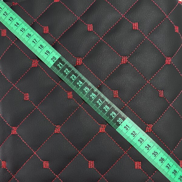 Ekokůže MIX 3x3 cm barva černá prošívaná červenými nitěmi, metráž, 145 cm