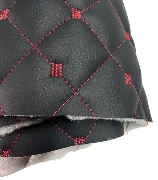 Ekokůže MIX 3x3 cm barva černá prošívaná červenými nitěmi, metráž, 145 cm
