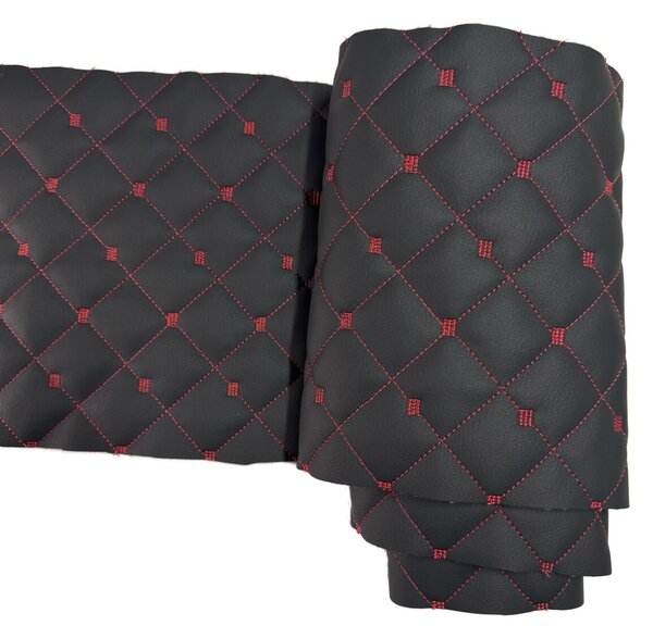 Ekokůže MIX 3x3 cm barva černá prošívaná červenými nitěmi, metráž, 145 cm