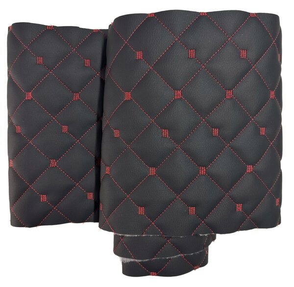 Ekokůže MIX 3x3 cm barva černá prošívaná červenými nitěmi, metráž, 145 cm