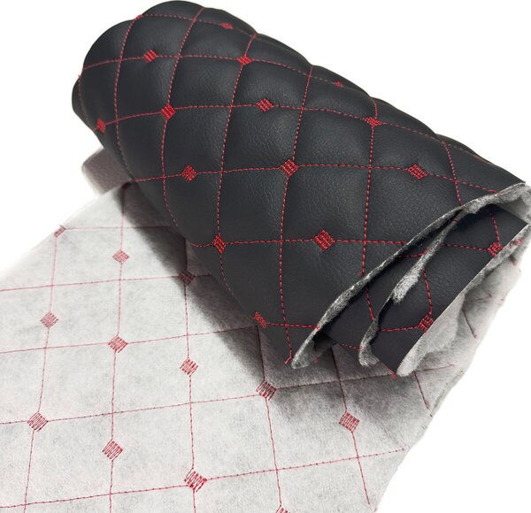 Ekokůže MIX 3x3 cm barva černá prošívaná červenými nitěmi, metráž, 145 cm