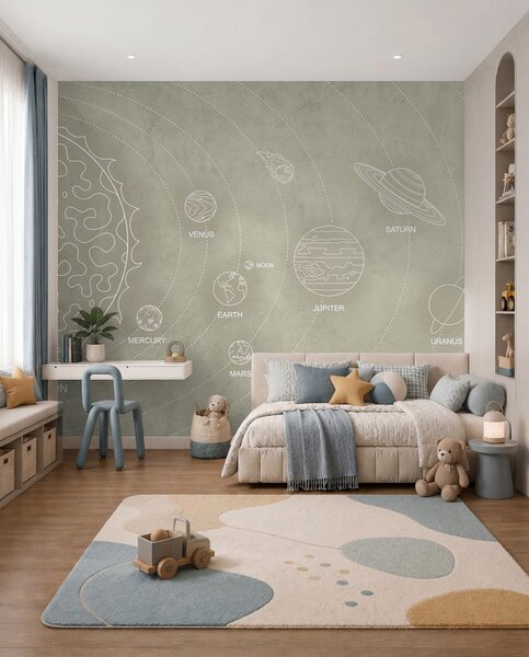 Fototapety Sluneční soustava v minimalistickém stylu na chladném béžovém texturovaném pozadí, Fototapety space, w02344 : uwalls.cz