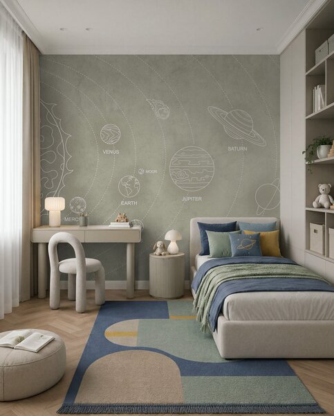 Fototapety Sluneční soustava v minimalistickém stylu na chladném béžovém texturovaném pozadí, Fototapety space, w02344 : uwalls.cz