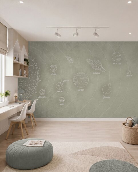 Fototapety Sluneční soustava v minimalistickém stylu na chladném béžovém texturovaném pozadí, Fototapety space, w02344 : uwalls.cz