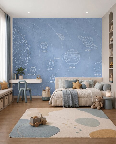 Fototapety Sluneční soustava v minimalistickém stylu na modrém texturovaném pozadí, Fototapety space, w02344v1 : uwalls.cz