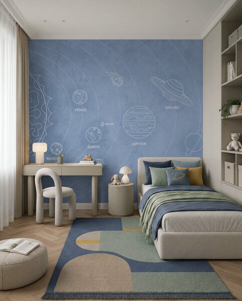 Fototapety Sluneční soustava v minimalistickém stylu na modrém texturovaném pozadí, Fototapety space, w02344v1 : uwalls.cz