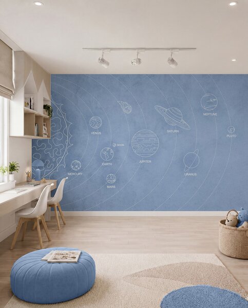Fototapety Sluneční soustava v minimalistickém stylu na modrém texturovaném pozadí, Fototapety space, w02344v1 : uwalls.cz
