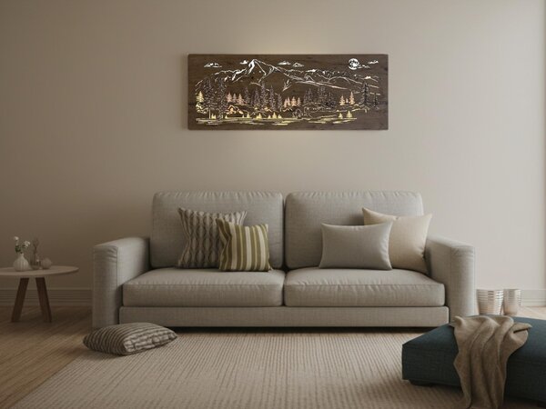 "Chata v horách" světelný obraz s baterií a pohybovým čidlem 130x50 cm provedení povrchu: dub světlý