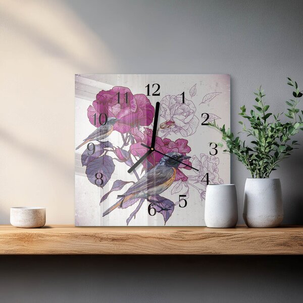 Skleněné hodiny na stěnu Ptáci Květiny zskc-30x30-00058385