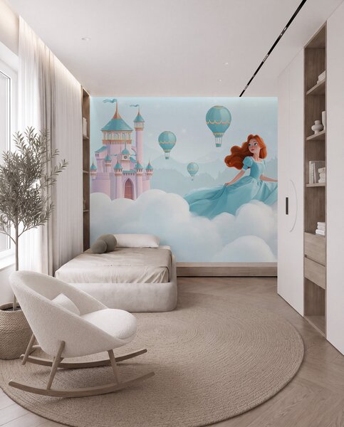 Fototapety Princezna mezi mraky na pozadí krajiny s hradem, Fototapety dětské, Fototapety balónová, w04015 : uwalls.cz