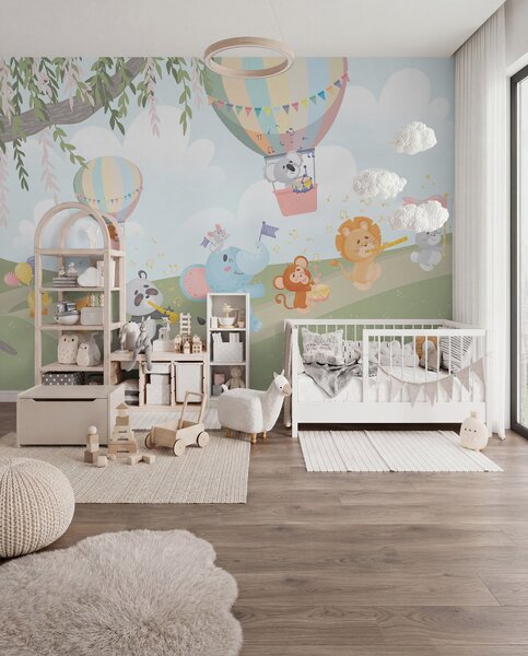 Fototapety Krajina se zvířaty hrajícími na hudební nástroje, Fototapety dětské, Fototapety balónová, w04200 : uwalls.cz