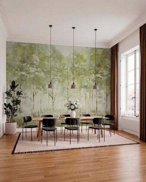 Fototapety Stylizovaný les se štíhlými stromy v zelených tónech, Fototapety les, Fototapety stromy, w05221v1 : uwalls.cz