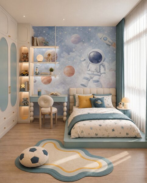 Fototapety malý astronaut mezi planetami a hvězdami, Tapety Unikátní, w05233 : uwalls.cz