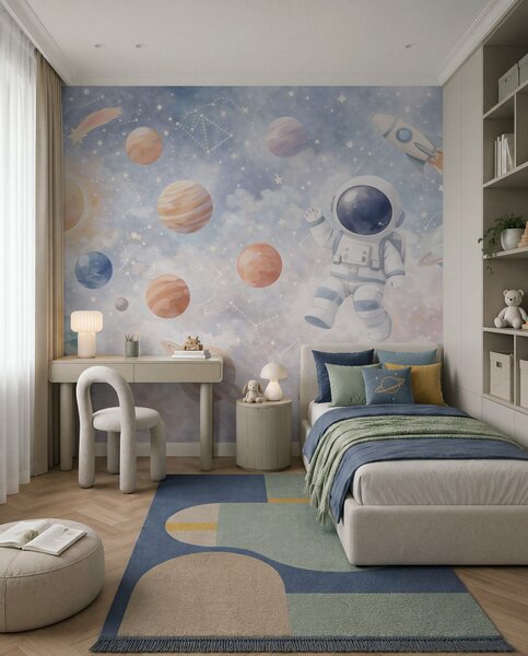 Fototapety malý astronaut mezi planetami a hvězdami, Tapety Unikátní, w05233 : uwalls.cz