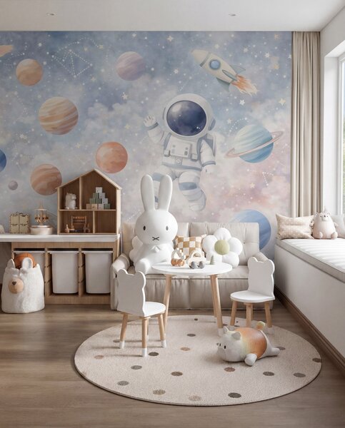 Fototapety malý astronaut mezi planetami a hvězdami, Tapety Unikátní, w05233 : uwalls.cz