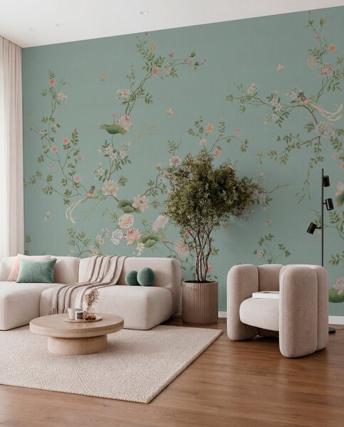 Fototapety Kvetoucí větve s ptáky na modrém pozadí, Fototapety orientální, w05416v1 : uwalls.cz