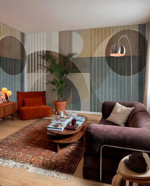 Fototapety Abstraktní geometrické tvary tvořené kruhy a čarami, tlumené zemité odstíny, strukturovaná,, Fototapety geometrie, w09834 : uwalls.cz