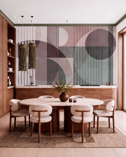 Fototapety Abstraktní geometrické tvary tvořené kruhy a čarami, tlumené barvy, strukturovaná, vrstevnatá, Fototapety geometrie, w09834v1 : uwalls.cz