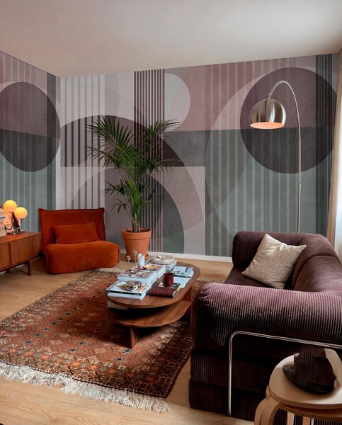 Fototapety Abstraktní geometrické tvary tvořené kruhy a čarami, tlumené barvy, strukturovaná, vrstevnatá, Fototapety geometrie, w09834v1 : uwalls.cz