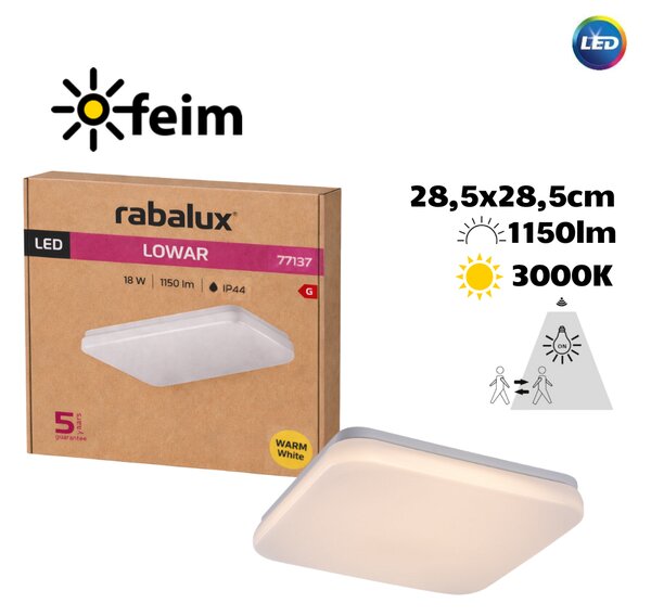 RABALUX 77137 Lowar venkovní stropní svítidlo se senzorem 285x285mm LED 18W/1150lm 3000K IP44 bílá